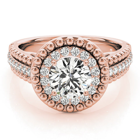 Rose gold Round Halo Diamond Ring with Beaded Split Shank and Four-Prong Setting