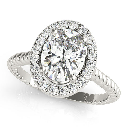 White gold Oval Halo Diamond Ring with Twisted Band and Four-Prong Setting