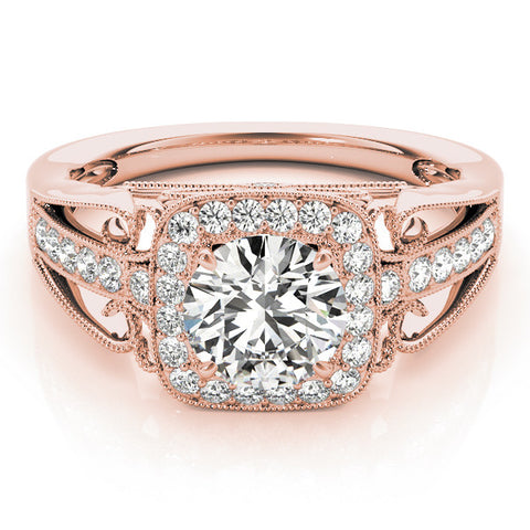 Rose gold Cushion Halo Round Diamond Split Shank Milgrain Ring