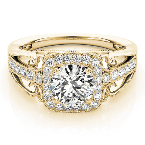 Yellow gold Cushion Halo Round Diamond Split Shank Milgrain Ring