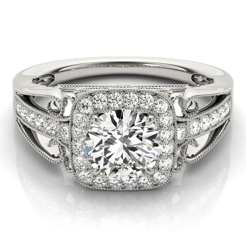 White gold Cushion Halo Round Diamond Split Shank Milgrain Ring