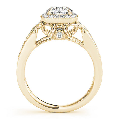 Yellow gold Cushion Halo Round Diamond Split Shank Milgrain Ring