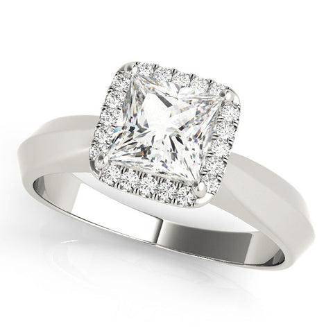 White gold Princess Cut Halo Solitaire Engagement Ring with Square Band and Four-Prong Setting