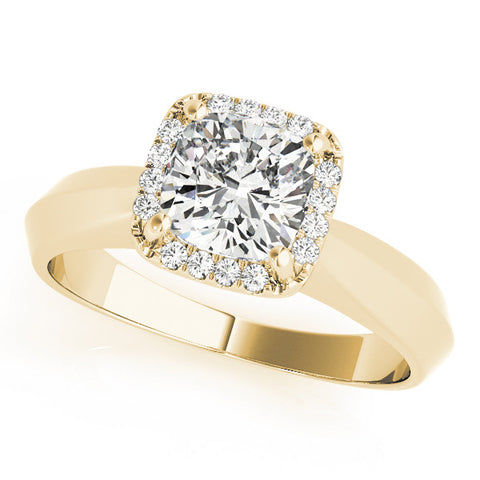 Yellow gold Cushion Halo Solitaire Engagement Ring with Cathedral Band and Four-Prong Setting