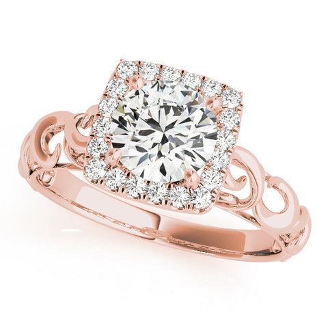 Rose gold Halo Round Cut Diamond Ring with Scrollwork Band and Four-Prong Setting