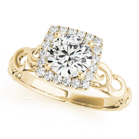 Yellow gold Halo Round Cut Diamond Ring with Scrollwork Band and Four-Prong Setting