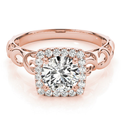 Rose gold Halo Round Cut Diamond Ring with Scrollwork Band and Four-Prong Setting