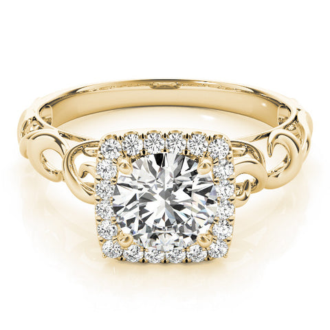 Yellow gold Halo Round Cut Diamond Ring with Scrollwork Band and Four-Prong Setting