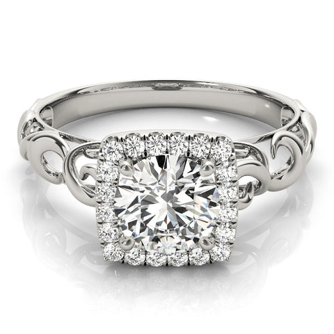 White gold Halo Round Cut Diamond Ring with Scrollwork Band and Four-Prong Setting