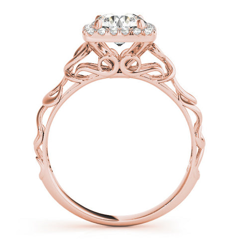 Rose gold Halo Round Cut Diamond Ring with Scrollwork Band and Four-Prong Setting