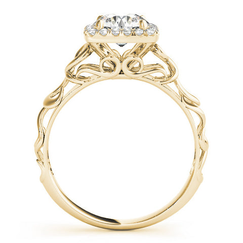 Yellow gold Halo Round Cut Diamond Ring with Scrollwork Band and Four-Prong Setting