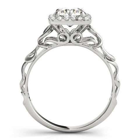 White gold Halo Round Cut Diamond Ring with Scrollwork Band and Four-Prong Setting