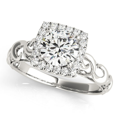 White gold Halo Round Cut Diamond Ring with Scrollwork Band and Four-Prong Setting