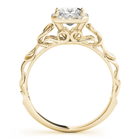 Yellow gold Princess Cut Halo Solitaire with Scrollwork Band and Four-Prong Setting
