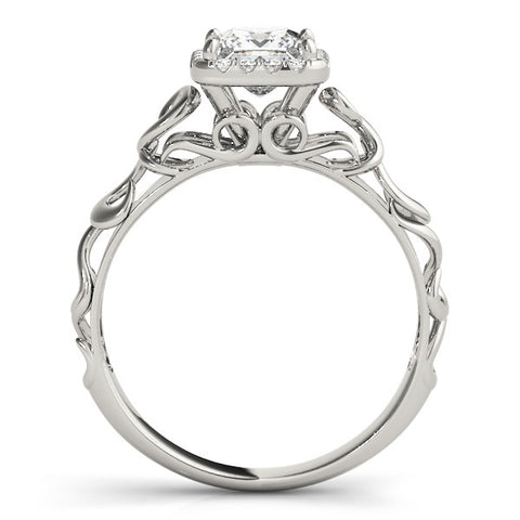 White gold Princess Cut Halo Solitaire with Scrollwork Band and Four-Prong Setting