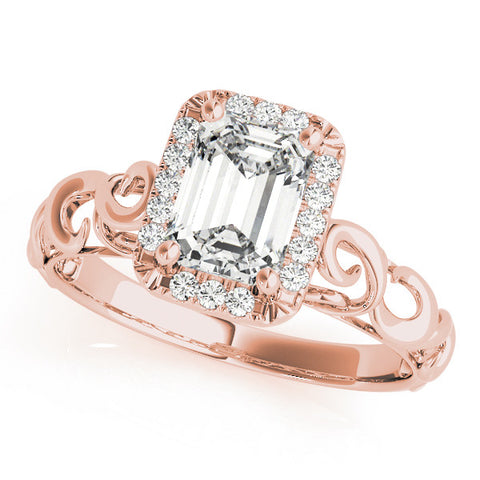 Rose gold Emerald Cut Halo Diamond Ring with Scrollwork Band and Four-Prong Setting