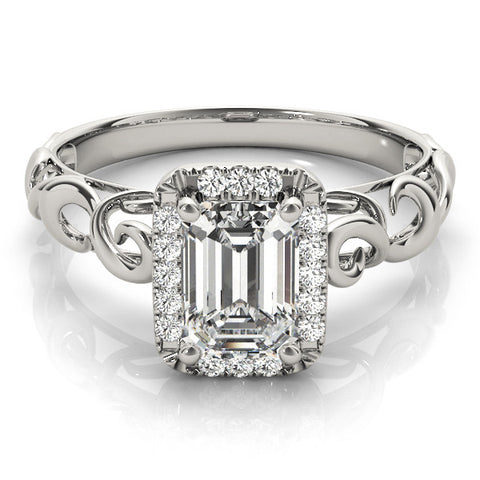 White gold Emerald Cut Halo Diamond Ring with Scrollwork Band and Four-Prong Setting