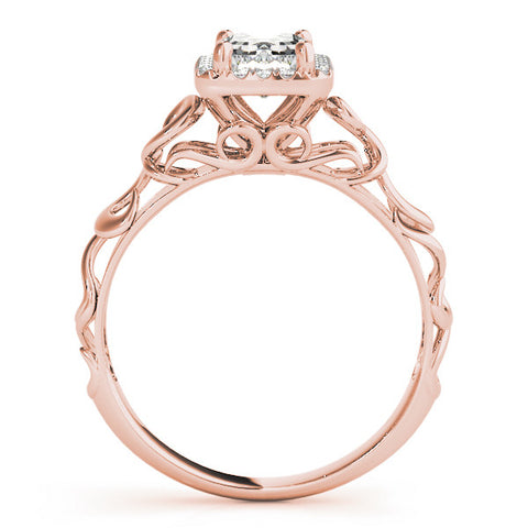 Rose gold Emerald Cut Halo Diamond Ring with Scrollwork Band and Four-Prong Setting