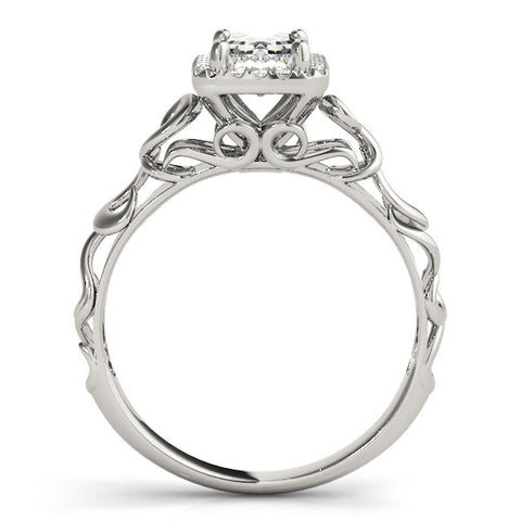White gold Emerald Cut Halo Diamond Ring with Scrollwork Band and Four-Prong Setting