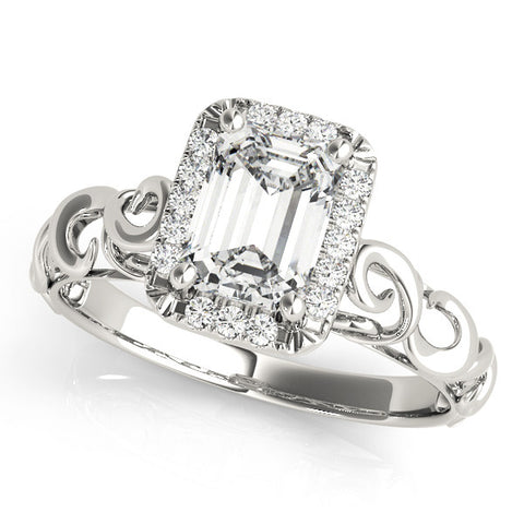 White gold Emerald Cut Halo Diamond Ring with Scrollwork Band and Four-Prong Setting
