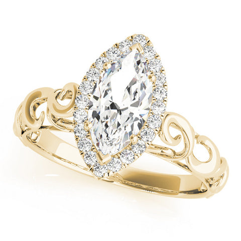 Yellow gold Marquise Halo Filigree Solitaire Ring with Prong Setting