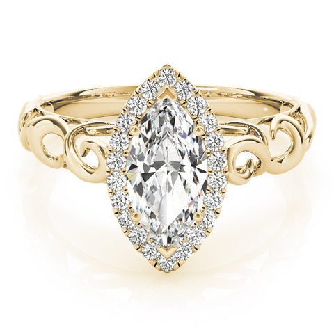 Yellow gold Marquise Halo Filigree Solitaire Ring with Prong Setting