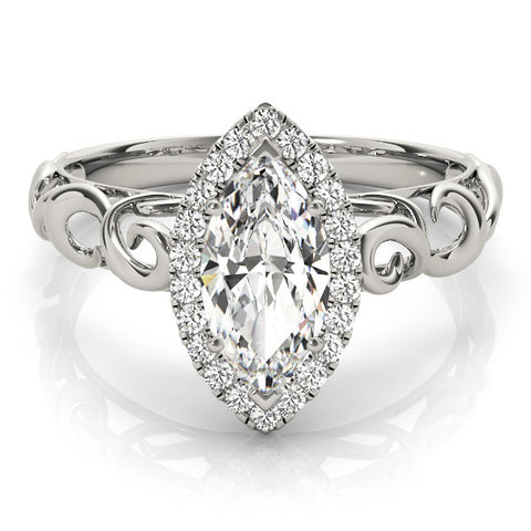 White gold Marquise Halo Filigree Solitaire Ring with Prong Setting