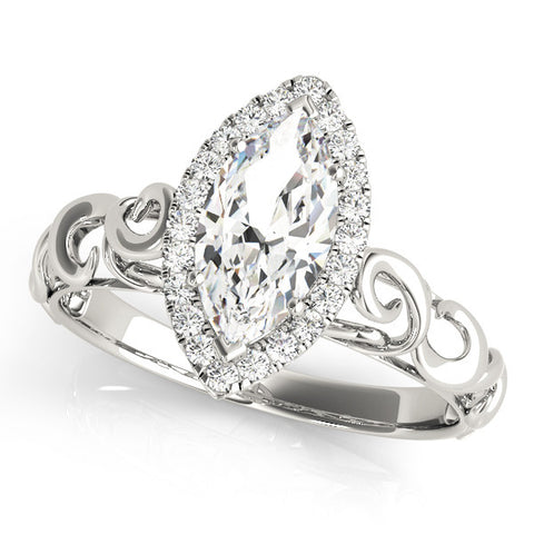 White gold Marquise Halo Filigree Solitaire Ring with Prong Setting