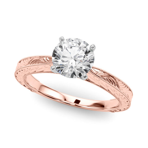 Rose gold Round Solitaire Milgrain Engraved Band with Four-Prong Setting