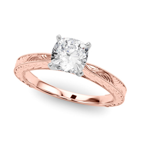 Rose gold Cushion Solitaire Milgrain Engraved Band with Four-Prong Setting