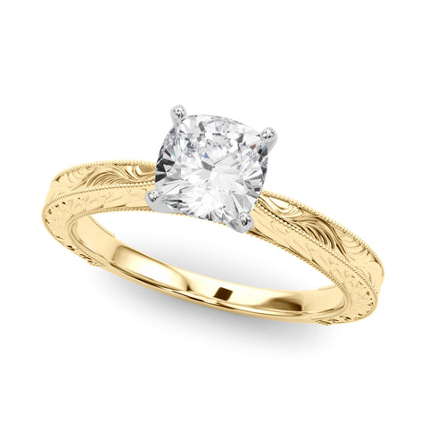 Yellow gold Cushion Solitaire Milgrain Engraved Band with Four-Prong Setting