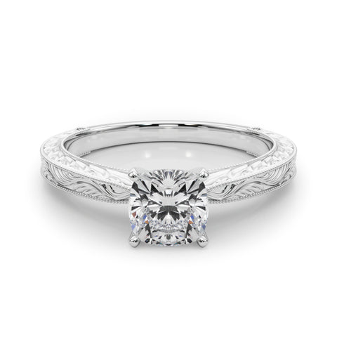 White gold Cushion Solitaire Milgrain Engraved Band with Four-Prong Setting