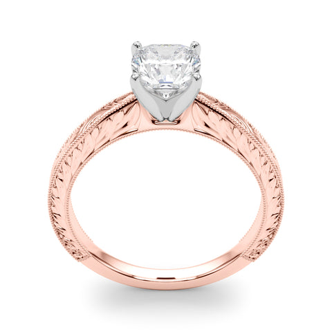 Rose gold Cushion Solitaire Milgrain Engraved Band with Four-Prong Setting