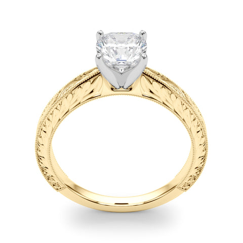 Yellow gold Cushion Solitaire Milgrain Engraved Band with Four-Prong Setting