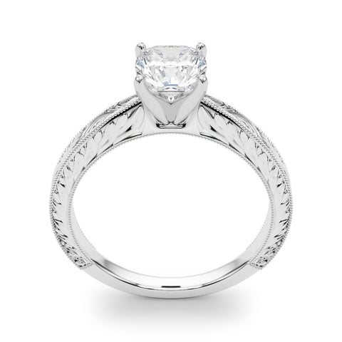 White gold Cushion Solitaire Milgrain Engraved Band with Four-Prong Setting