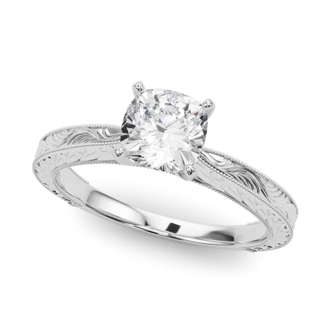 White gold Cushion Solitaire Milgrain Engraved Band with Four-Prong Setting