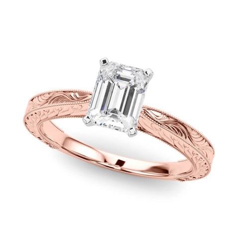 Rose gold Emerald Solitaire Milgrain Engraved Band with Four-Prong Setting