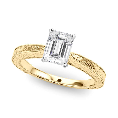 Yellow gold Emerald Solitaire Milgrain Engraved Band with Four-Prong Setting