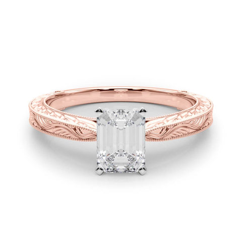 Rose gold Emerald Solitaire Milgrain Engraved Band with Four-Prong Setting