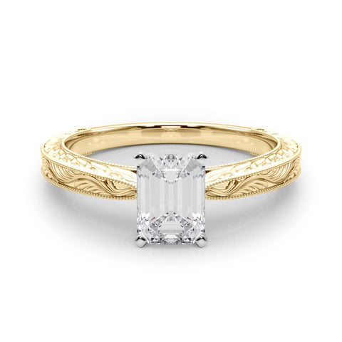 Yellow gold Emerald Solitaire Milgrain Engraved Band with Four-Prong Setting