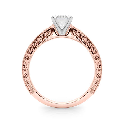 Rose gold Emerald Solitaire Milgrain Engraved Band with Four-Prong Setting