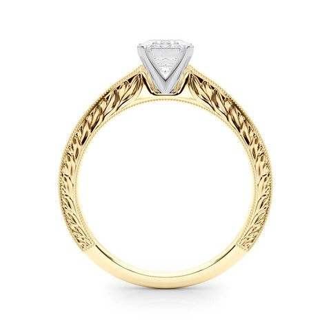 Yellow gold Emerald Solitaire Milgrain Engraved Band with Four-Prong Setting