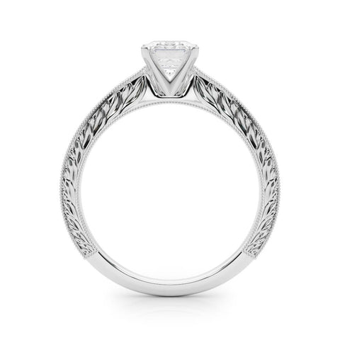 White gold Emerald Solitaire Milgrain Engraved Band with Four-Prong Setting