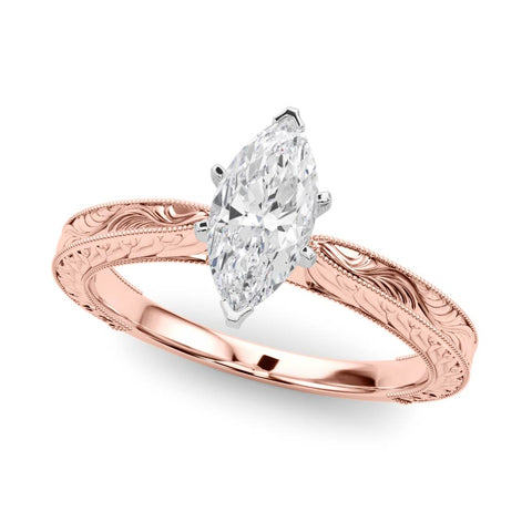 Rose gold Marquise Solitaire Milgrain Engraved Band with Four-Prong Setting