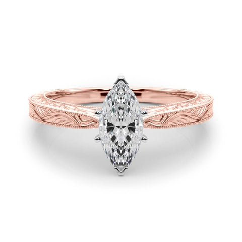 Rose gold Marquise Solitaire Milgrain Engraved Band with Four-Prong Setting