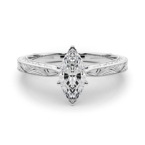 White gold Marquise Solitaire Milgrain Engraved Band with Four-Prong Setting