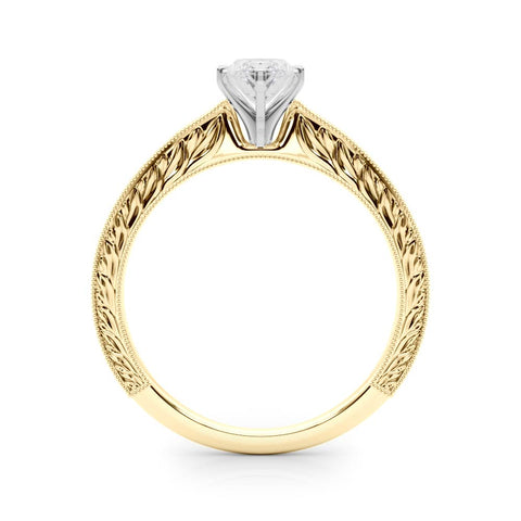 Yellow gold Marquise Solitaire Milgrain Engraved Band with Four-Prong Setting