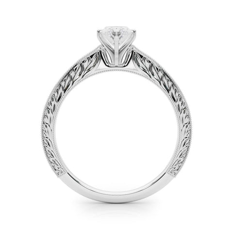 White gold Marquise Solitaire Milgrain Engraved Band with Four-Prong Setting