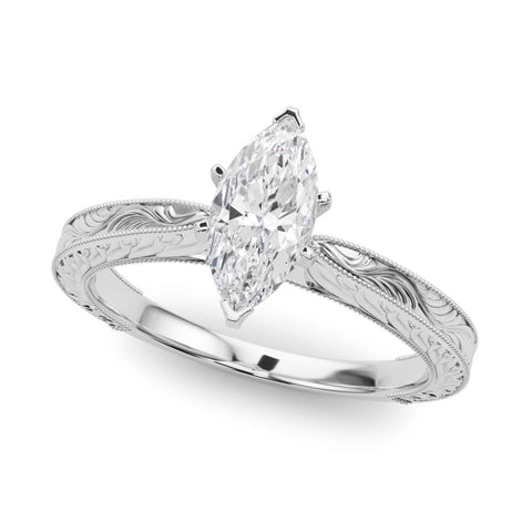 White gold Marquise Solitaire Milgrain Engraved Band with Four-Prong Setting