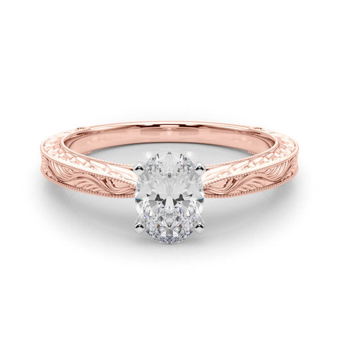 Rose gold Oval Solitaire Milgrain Engraved Band with Four-Prong Setting